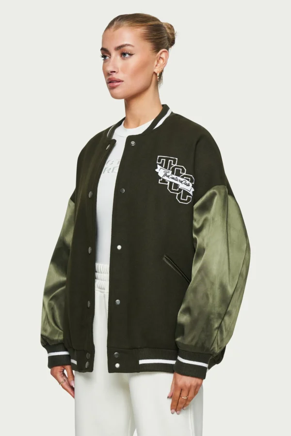 The Couture Club Satin Sleeve Oversized Varsity Jacket