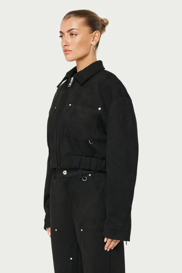 The Couture Club Suede Cropped Carpenter Bomber Jacket