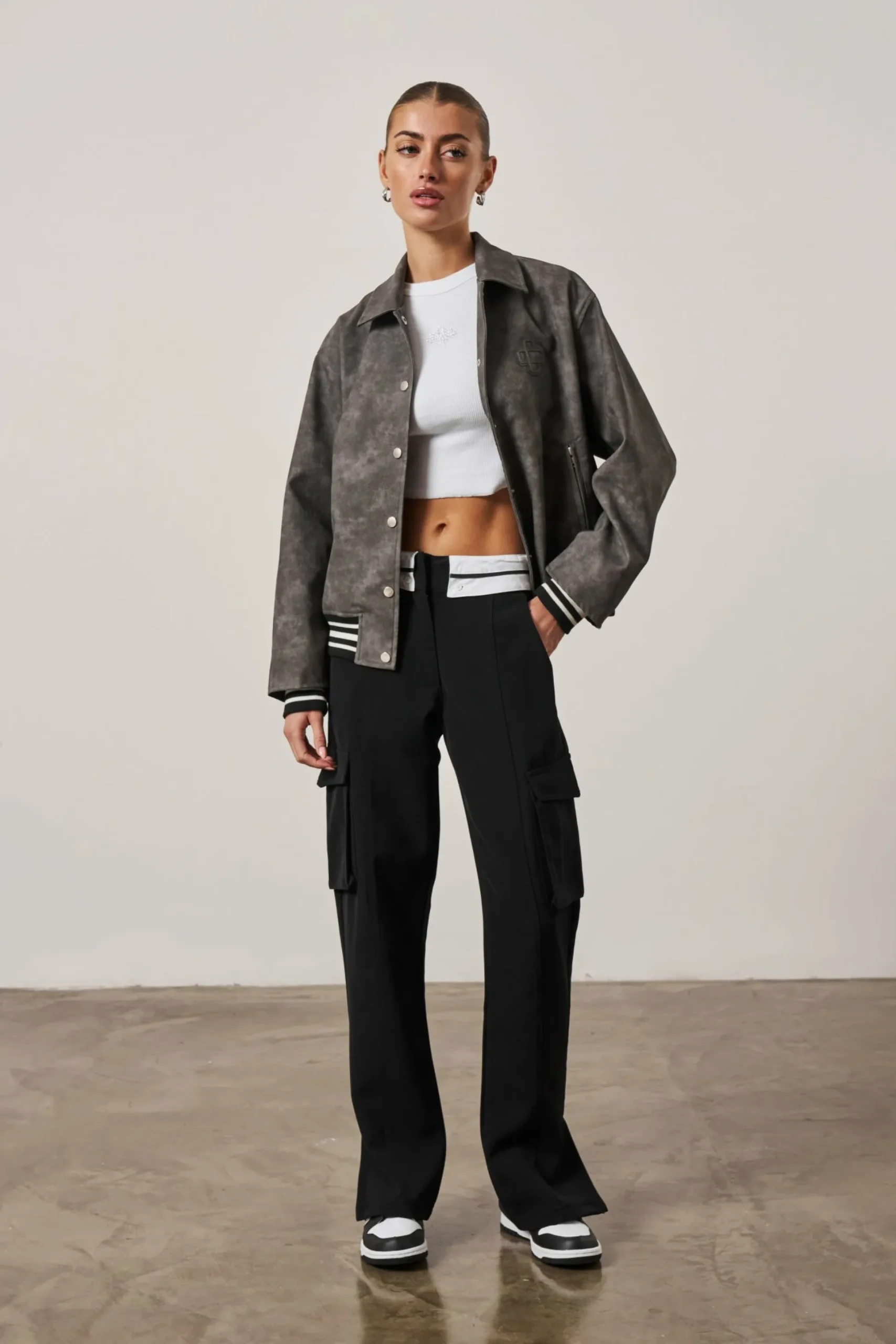 The Couture Club Vintage Look Oversized Faux Leather Bomber