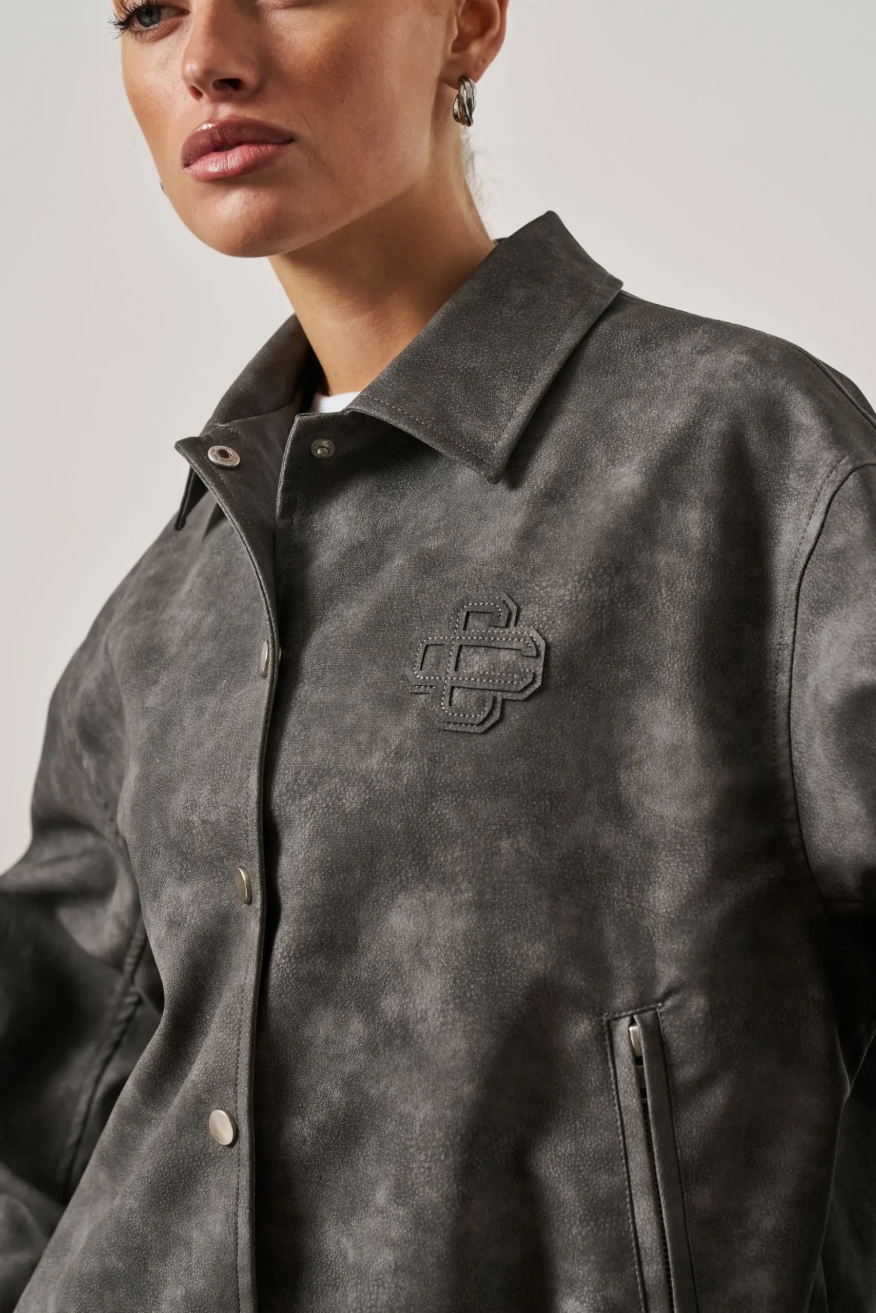 The Couture Club Vintage Look Oversized Faux Leather Bomber